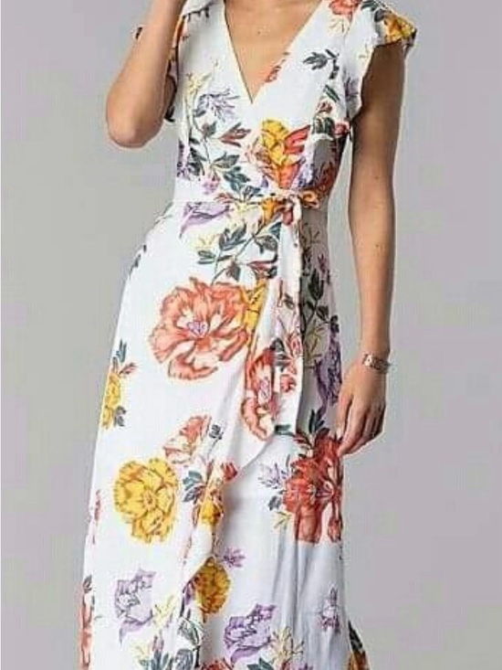 june & hudson Dresses & Skirts - june & hudson White Floral Wrap Maxi Dress with Yellow, Orange & Purple Blooms